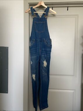 Love Tree Distressed Dark Blue Denim Overalls